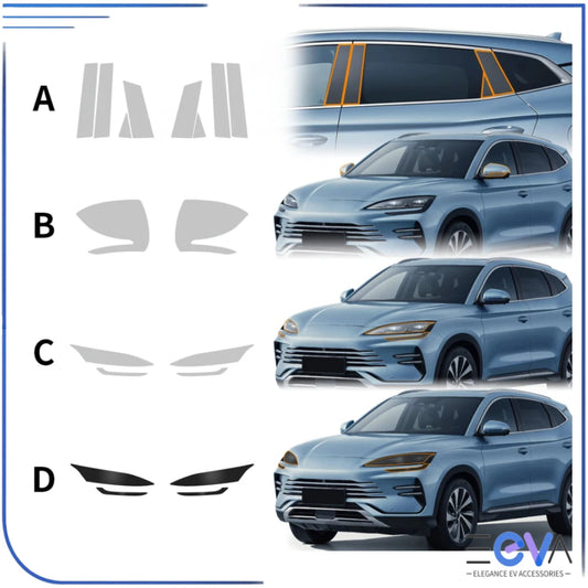 BYD Sealion 6 TPU protection and styling film set showing headlight, mirror and pillar options from EEVA Store