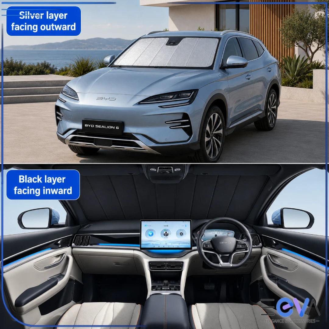 BYD Sealion 6 windscreen sunshade showing silver layer facing outward and black layer inward from EEVA Store Australia