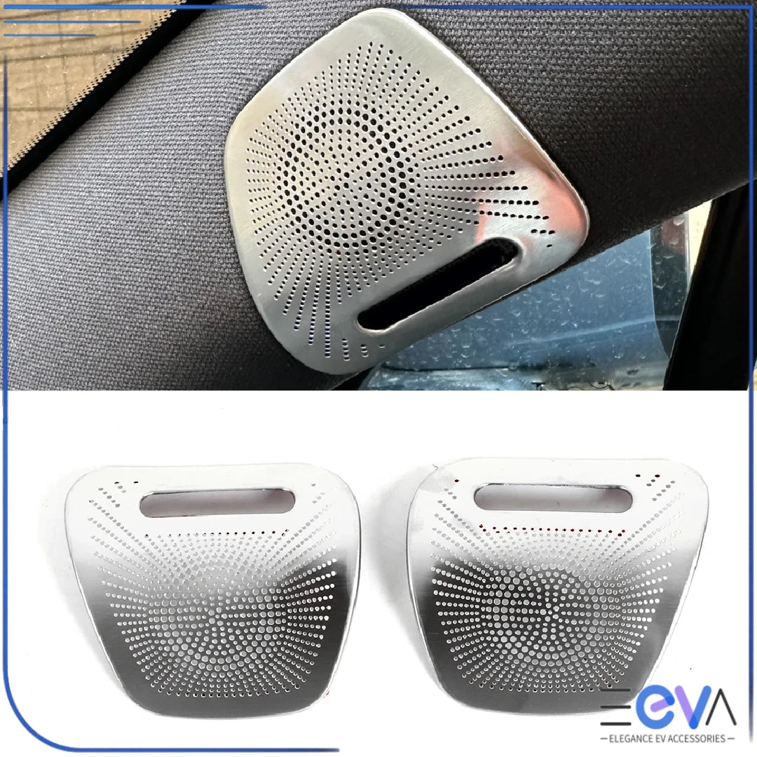 BYD Sealion 7 A-pillar speaker cover trim pair in silver finish on white background from EEVA Store Australia.
