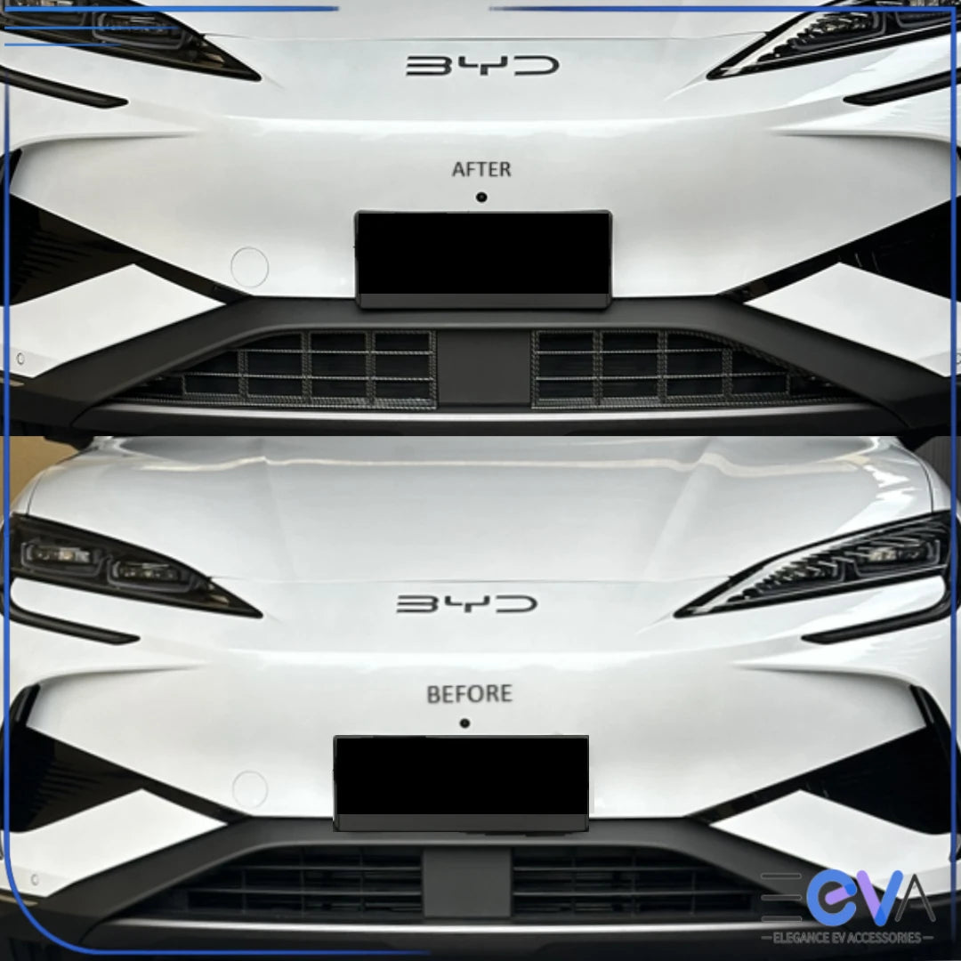 BYD Sealion 7 front bumper before and after installation of the grille mesh guard, showing improved protection and cleaner appearance from EEVA Store Australia.
