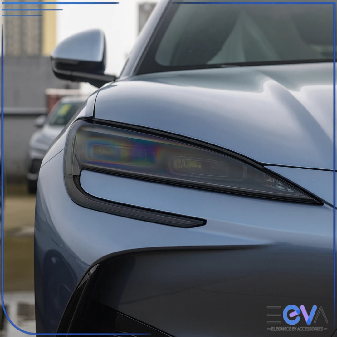 BYD Sealion 7 smoked headlight protection film close-up showing the tinted finish from EEVA Store Australia