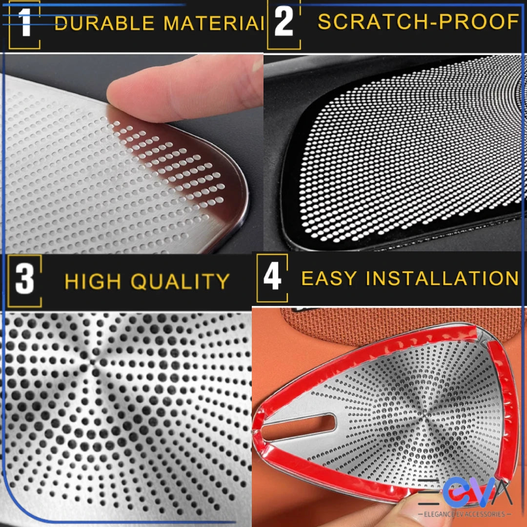 BYD Sealion 7 speaker cover trim feature graphic showing stainless steel material, scratch resistance and easy installation from EEVA Store Australia.