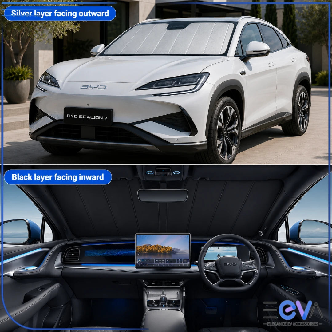 BYD Sealion 7 windscreen sunshade showing silver layer facing outward and black layer inward from EEVA Store Australia