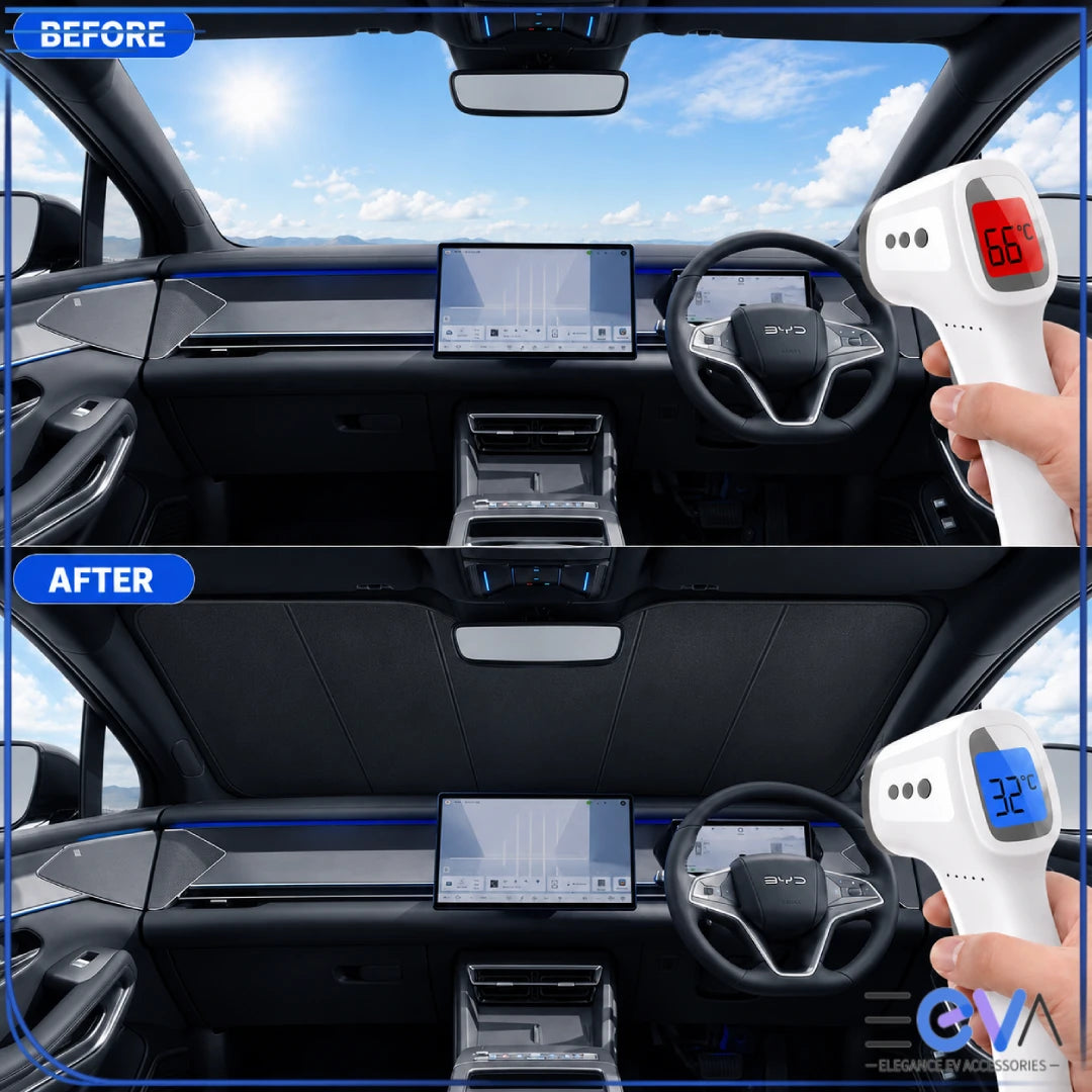 BYD Sealion 7 windscreen sunshade before and after cabin temperature comparison from EEVA Store Australia
