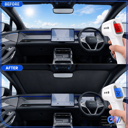 BYD Sealion 7 windscreen sunshade before and after cabin temperature comparison from EEVA Store Australia