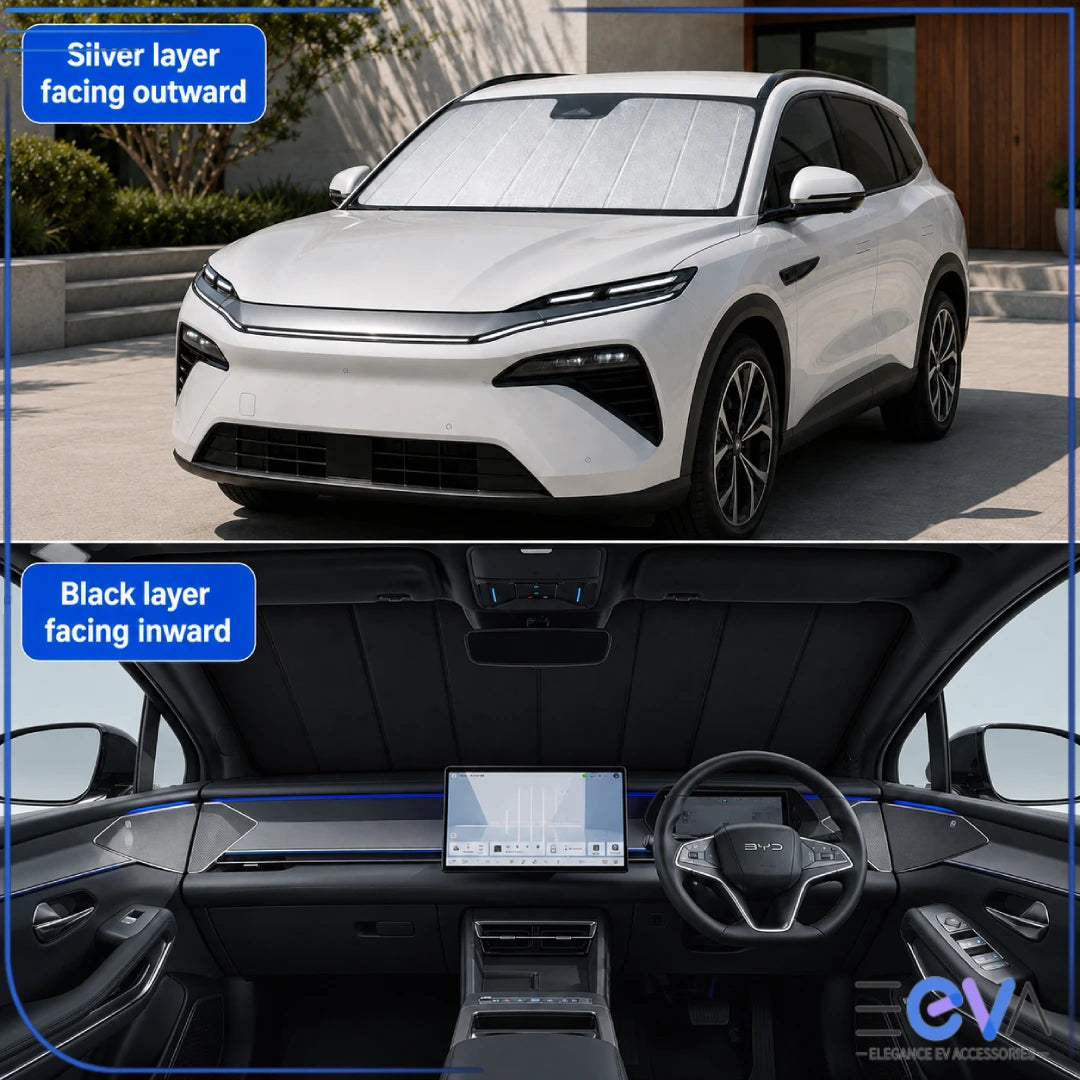 BYD Sealion 8 windscreen sunshade showing silver layer facing outward and black layer inward from EEVA Store Australia