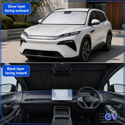 BYD Sealion 8 windscreen sunshade showing silver layer facing outward and black layer inward from EEVA Store Australia