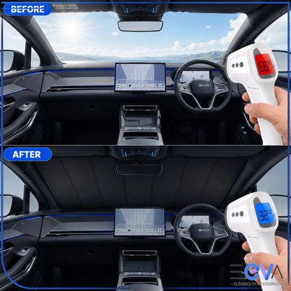 BYD Sealion 8 windscreen sunshade before and after cabin temperature comparison from EEVA Store Australia