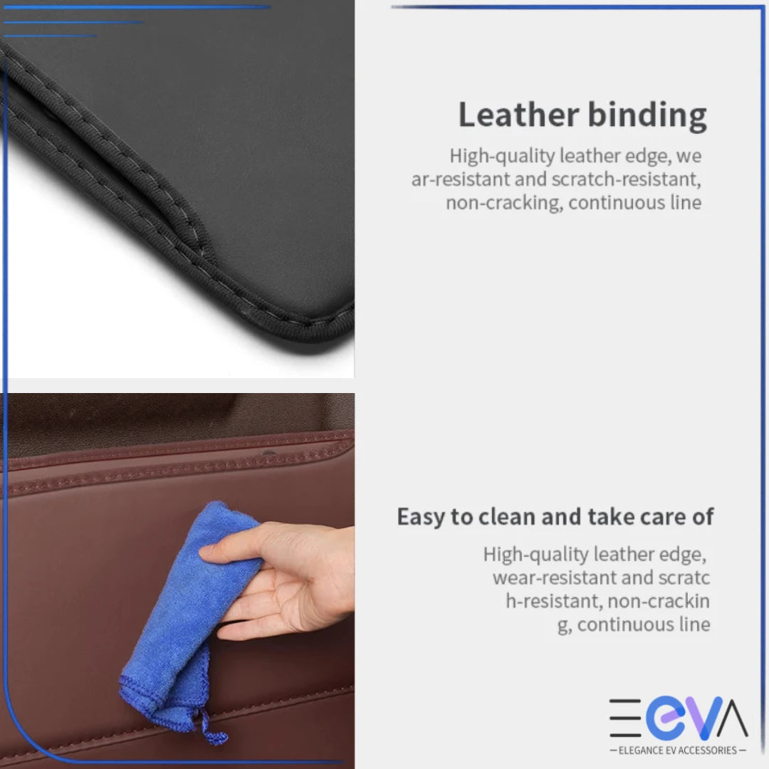 BYD seat back anti-kick pad brown material and edge stitching detail, easy-clean surface from EEVA Store Australia.