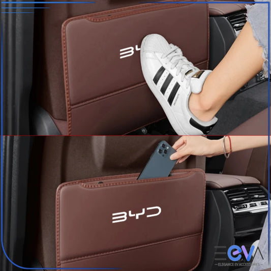 BYD seat back anti-kick pad in brown showing anti-scuff protection and storage pocket use, Australia, from EEVA Store Australia.