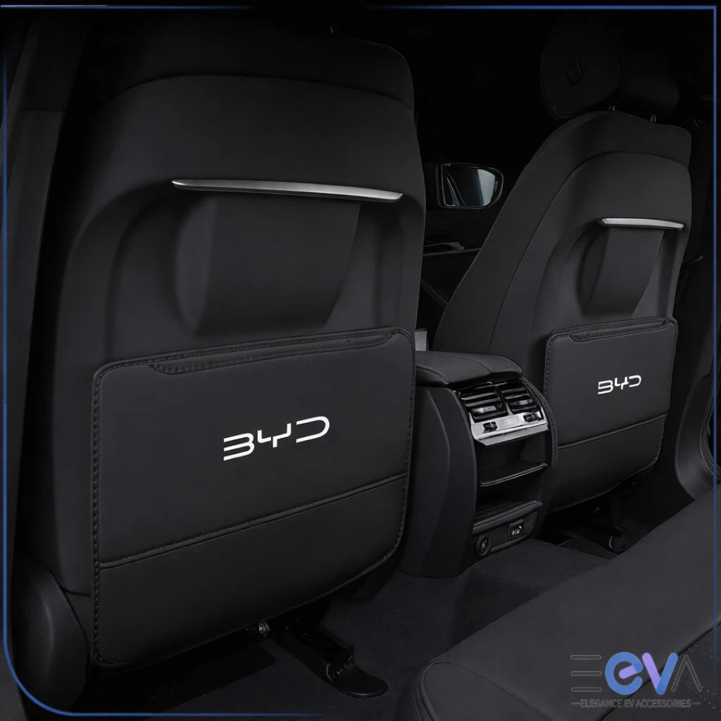 BYD seat back anti-kick pad in black installed on rear seat back interior from EEVA Store Australia.