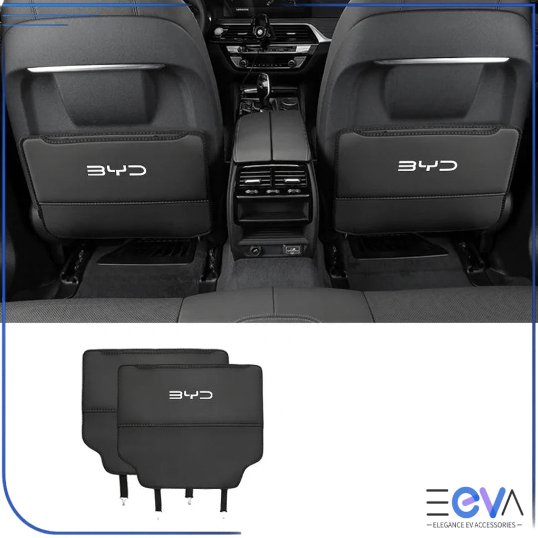 BYD seat back anti-kick pads in black pair shown with product view and installed look from EEVA Store Australia.