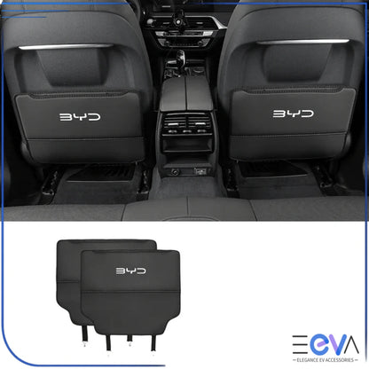 BYD seat back anti-kick pads in black pair shown with product view and installed look from EEVA Store Australia.