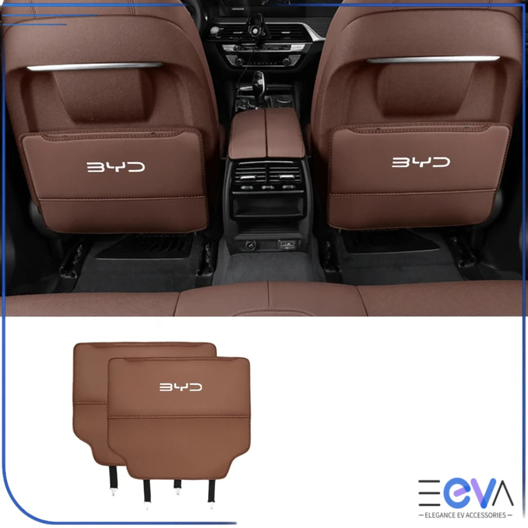 BYD seat back anti-kick pads in brown pair shown with product view and installed look from EEVA Store Australia.