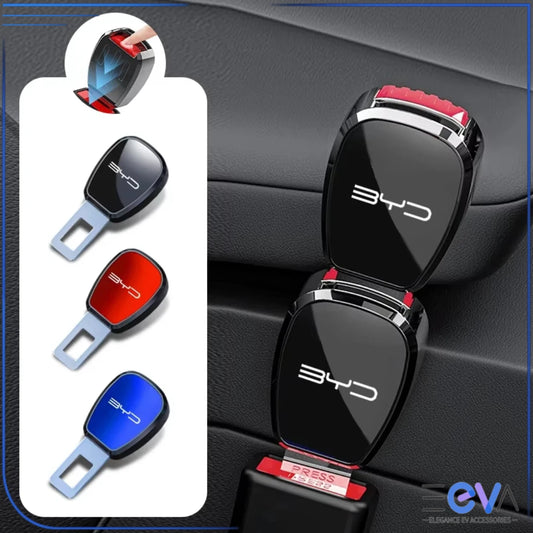 BYD seat belt extender set showing multiple colour options installed in vehicle seats for comfort and safety from EEVA Store Australia.