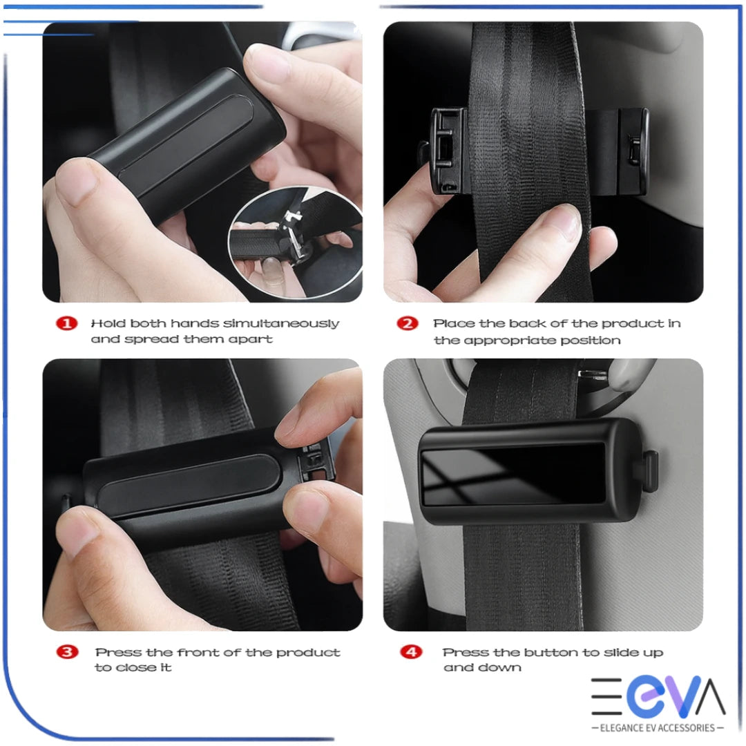 BYD seat belt clip limiter installation steps showing how to open, attach, and adjust the regulator from EEVA Store Australia.