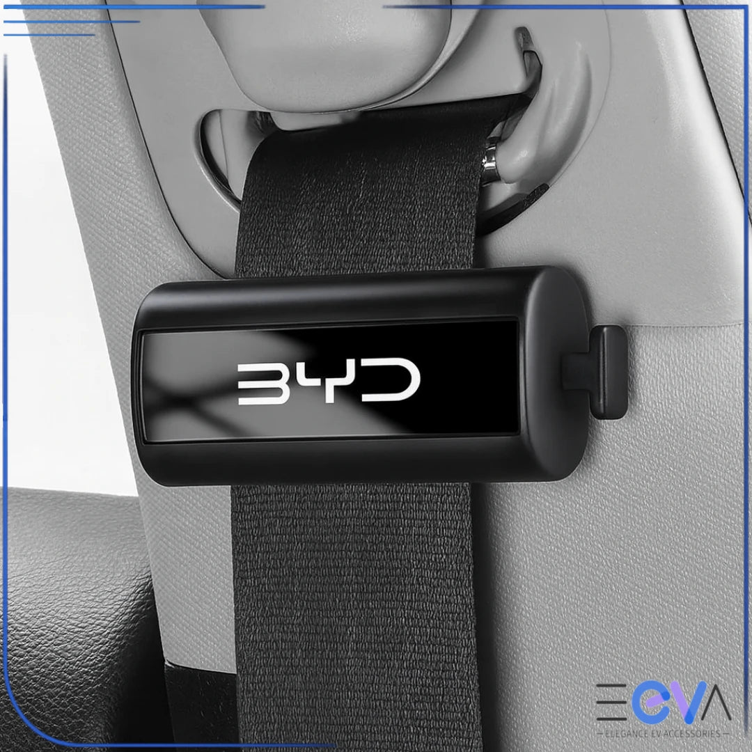 BYD seat belt safety regulator fitted near the shoulder area to reduce pressure and improve driving comfort from EEVA Store Australia.