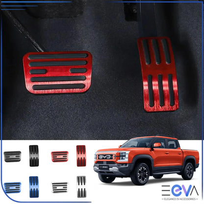 BYD Shark 6 aluminium pedal covers installed on accelerator and brake pedals showing a sporty interior upgrade from EEVA Store Australia.