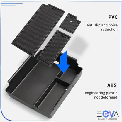 BYD Shark 6 armrest storage tray shown with removable inserts and anti-slip mats for tidy console storage from EEVA Store Australia.