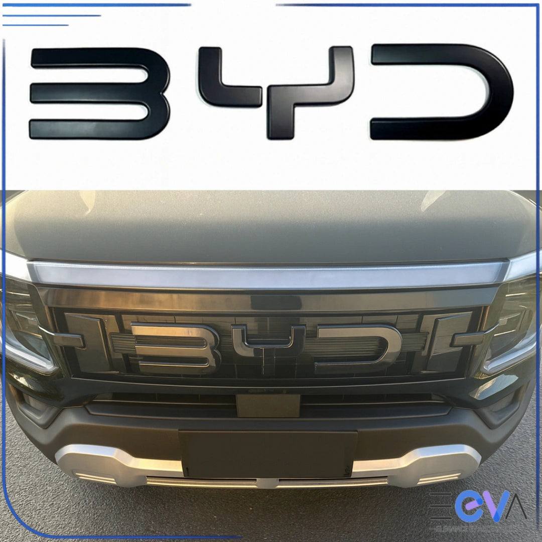 BYD Shark 6 front grille with matte black emblem overlay installed for aggressive styling upgrade from EEVA Store Australia.