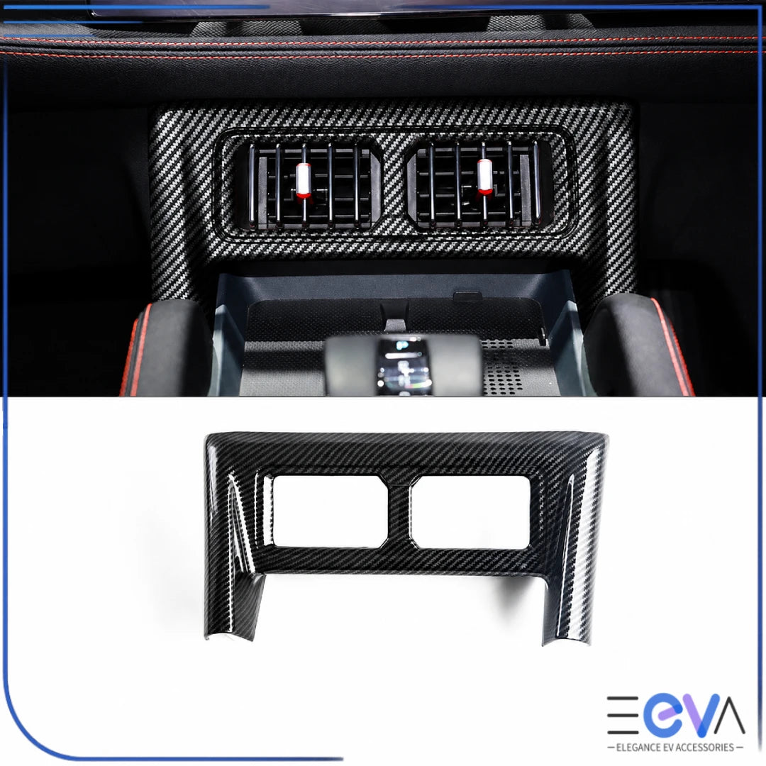 BYD Shark 6 carbon fibre centre air outlet trim cover shown fitted around rear console vents from EEVA Store Australia.