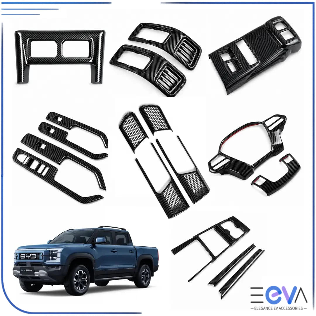 BYD Shark 6 carbon fibre interior trim cover set showing all pieces included from EEVA Store Australia.