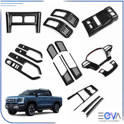 BYD Shark 6 carbon fibre interior trim cover set showing all pieces included from EEVA Store Australia.