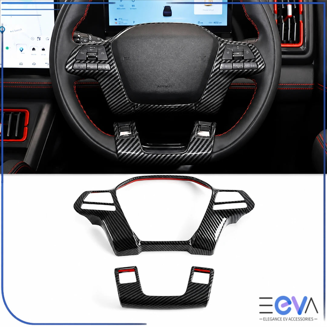 BYD Shark 6 carbon fibre steering wheel trim covers shown fitted with matching pieces from EEVA Store Australia.
