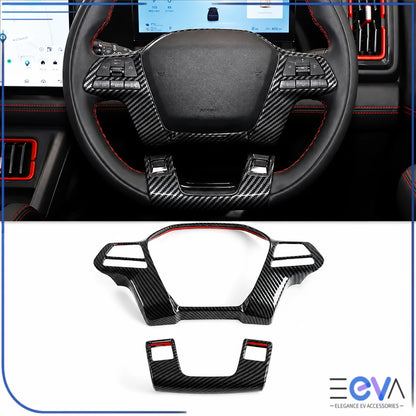 BYD Shark 6 carbon fibre steering wheel trim covers shown fitted with matching pieces from EEVA Store Australia.