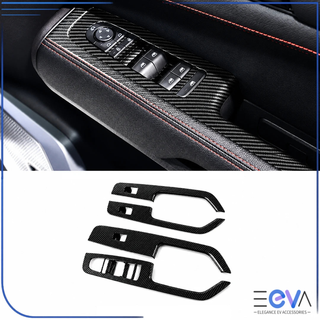 BYD Shark 6 carbon fibre window switch panel trim covers fitted on door controls from EEVA Store Australia.
