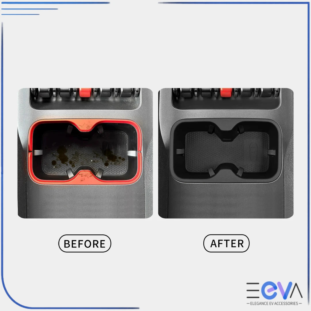 BYD Shark 6 cup holder insert before and after comparison showing cleaner, protected console storage from EEVA Store Australia.