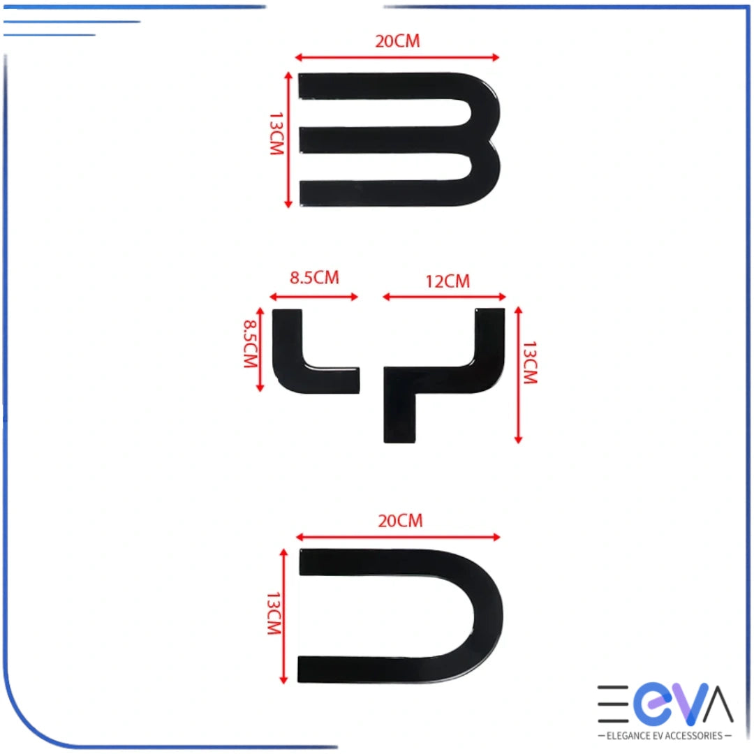 BYD Shark 6 rear emblem letters with measured dimensions displayed, highlighting accurate sizing for precise tailgate fitment from EEVA Store Australia.