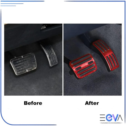 BYD Shark 6 pedal covers before and after comparison highlighting the aluminium upgrade on accelerator and brake pedals from EEVA Store Australia.