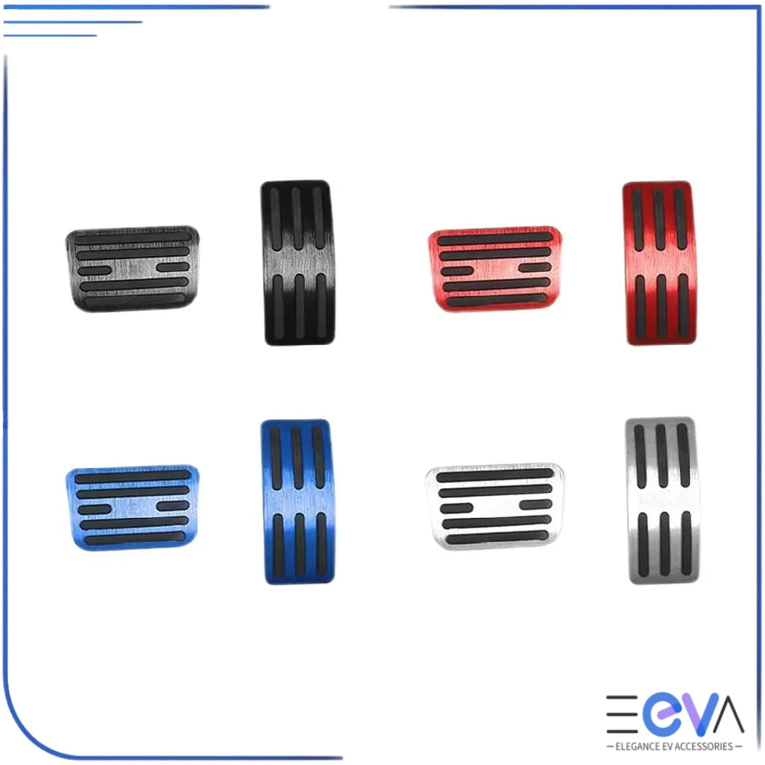 BYD Shark 6 aluminium pedal covers shown in black, blue, red and silver colour options for accelerator and brake pedals from EEVA Store Australia.