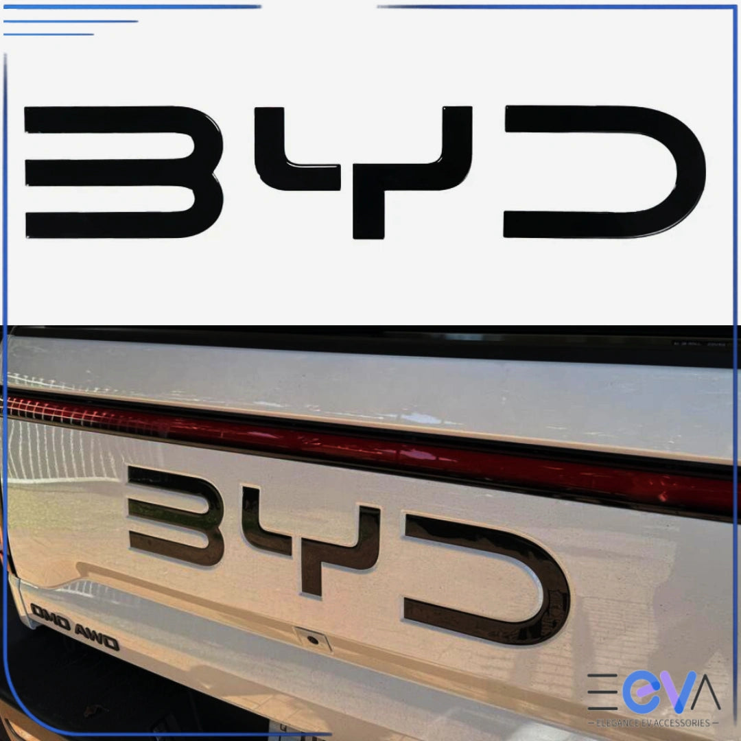 BYD Shark 6 gloss black tailgate emblem installed on the rear, giving a bold blacked-out finish to the factory badge from EEVA Store Australia.