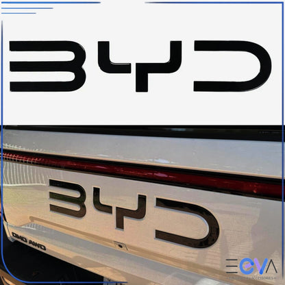 BYD Shark 6 gloss black tailgate emblem installed on the rear, giving a bold blacked-out finish to the factory badge from EEVA Store Australia.