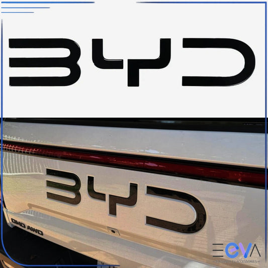 BYD Shark 6 gloss black tailgate emblem installed on the rear, giving a bold blacked-out finish to the factory badge from EEVA Store Australia.