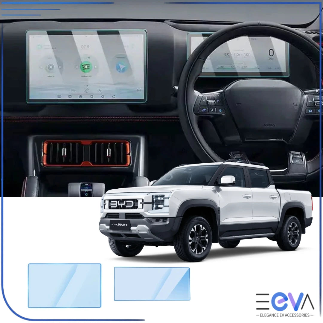 BYD Shark 6 tempered glass screen protector installed on dashboard screens, showing clear display and edge-to-edge fit from EEVA Store Australia.