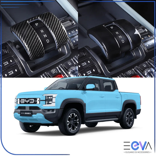 BYD Shark 6 shift knob cover finishes overview (carbon fibre, gloss black and matte black) from EEVA Store Australia