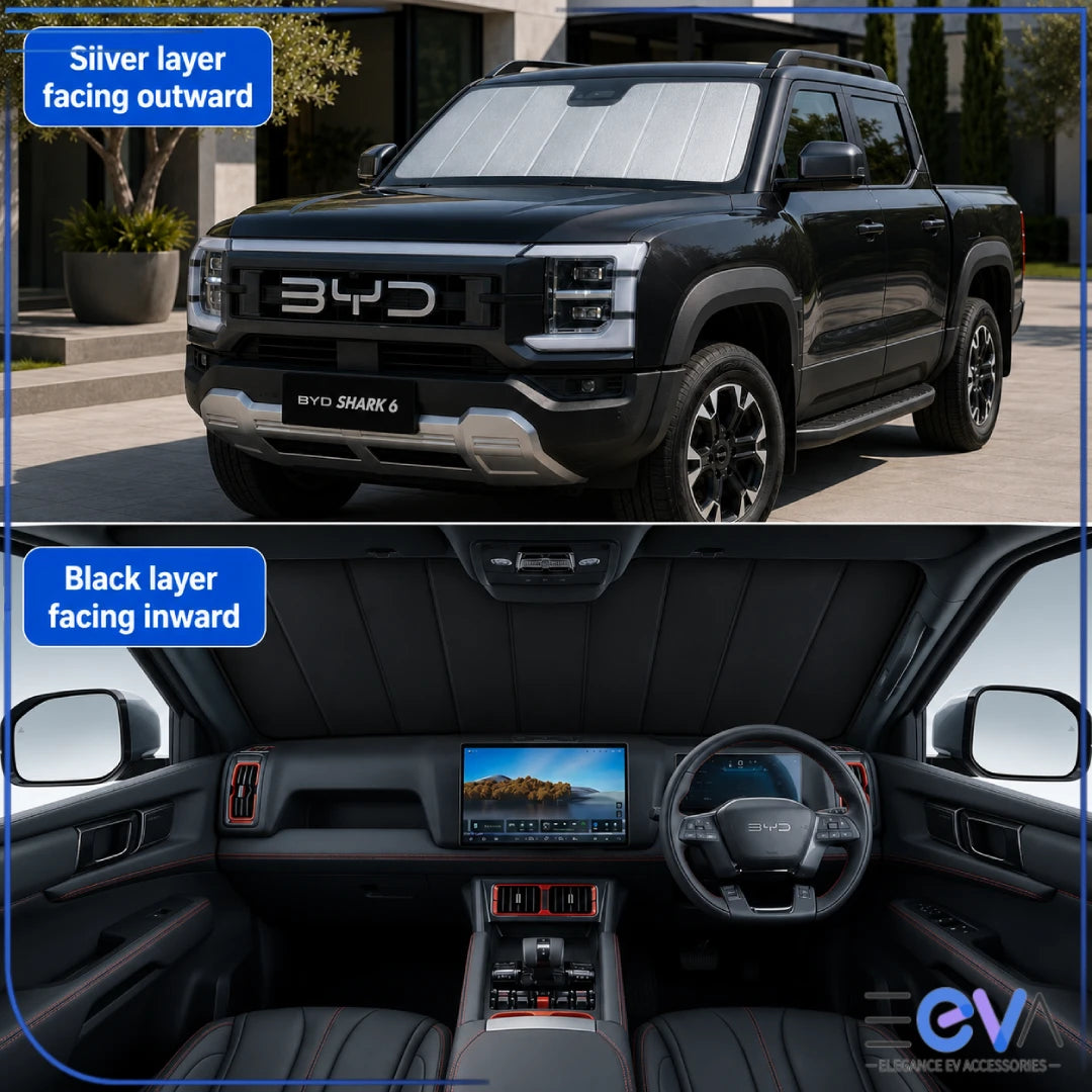 BYD Shark 6 windscreen sunshade showing silver layer facing outward and black layer inward from EEVA Store Australia