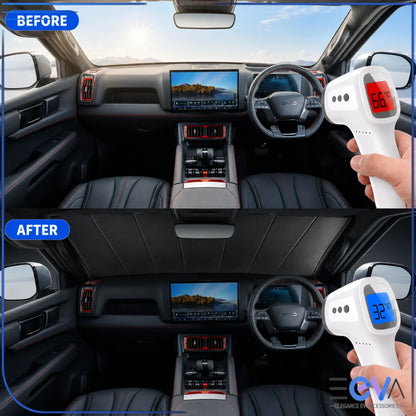 BYD Shark 6 windscreen sunshade before and after cabin temperature comparison from EEVA Store Australia