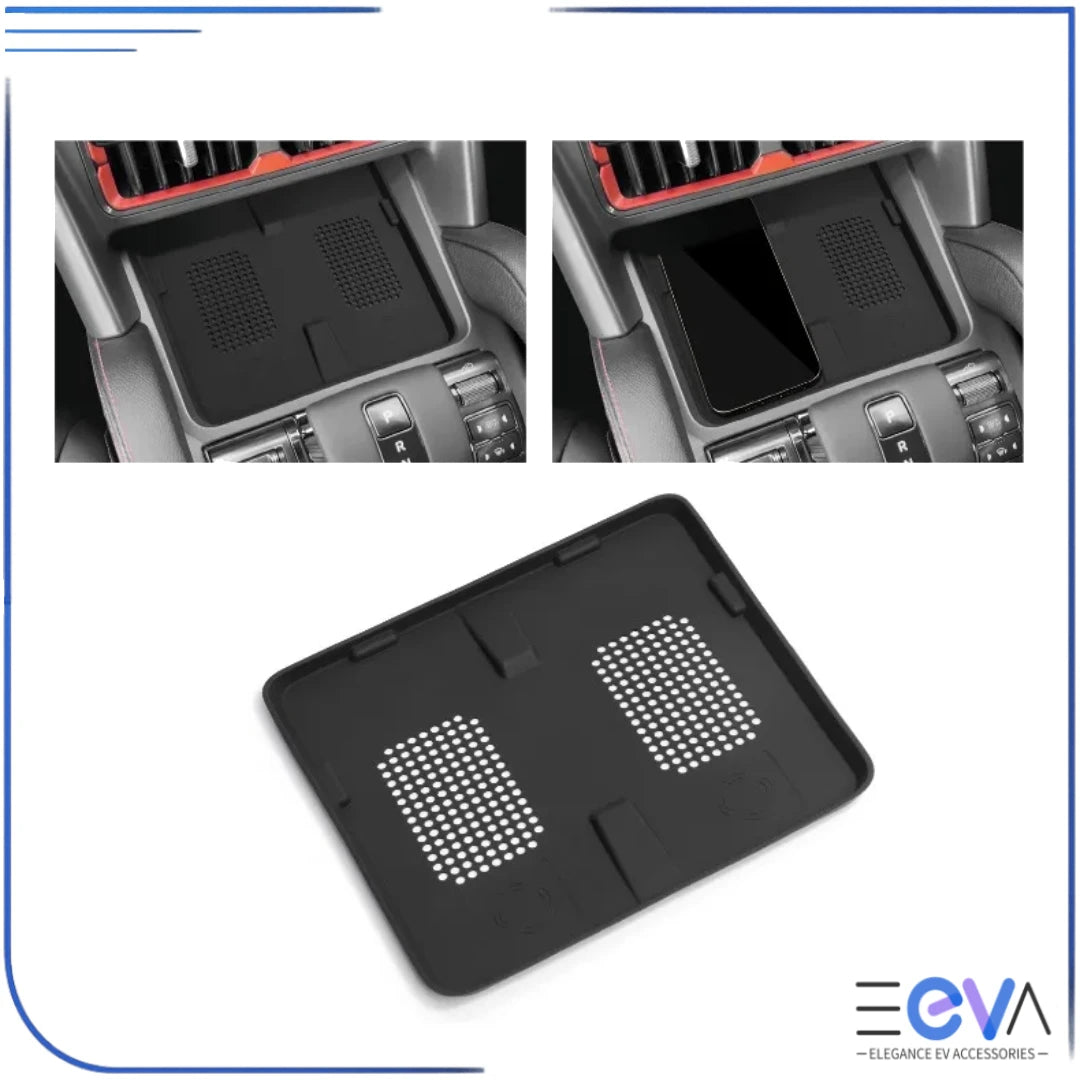 BYD Shark 6 wireless charging pad insert comparison showing console with and without pad installed for organised charging space from EEVA Store Australia.