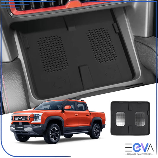 BYD Shark 6 wireless charging pad insert fitted in centre console, providing secure dual-device charging during daily driving from EEVA Store Australia.
