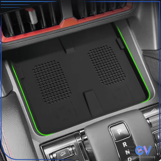 BYD Shark 6 wireless charging pad insert installed in console, showing flush fit and non-slip surface for stable phone charging from EEVA Store Australia.