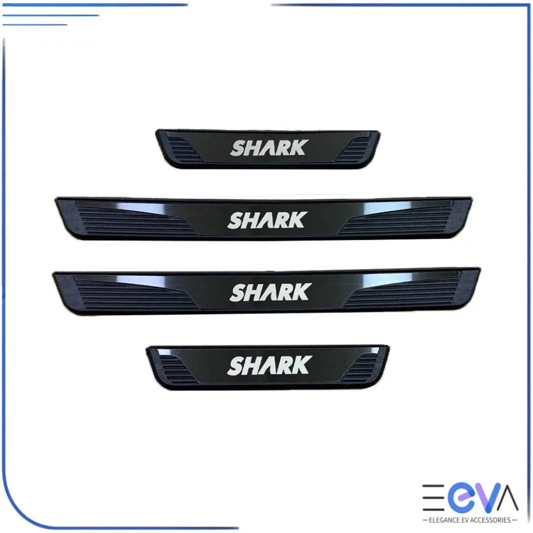 Shark branded black stainless steel door sill scuff plates adding a sleek, modern edge to BYD vehicle entry steps from EEVA Store Australia.