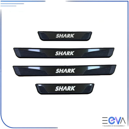 Shark branded black stainless steel door sill scuff plates adding a sleek, modern edge to BYD vehicle entry steps from EEVA Store Australia.