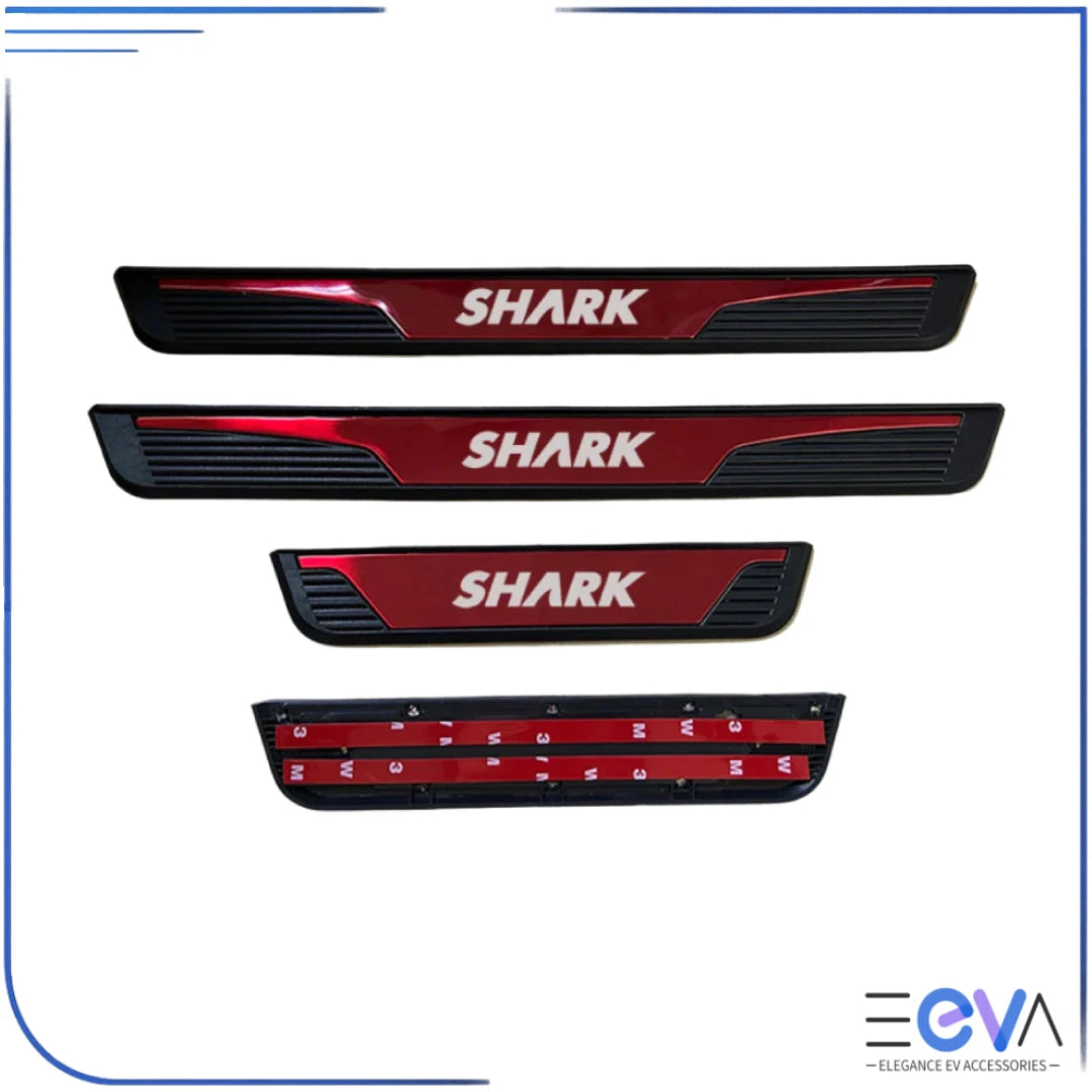 Shark red stainless steel door sill protectors offering bold style and scratch protection for BYD vehicles from EEVA Store Australia.
