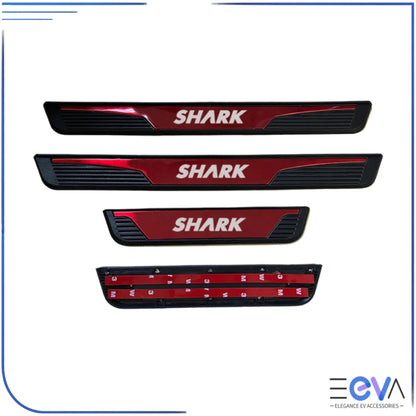 Shark red stainless steel door sill protectors offering bold style and scratch protection for BYD vehicles from EEVA Store Australia.
