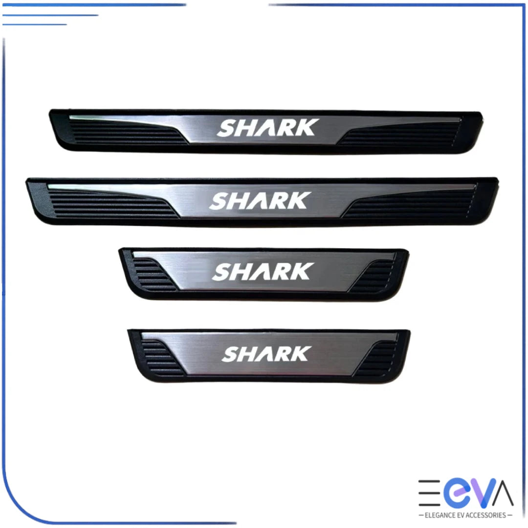 Shark branded stainless steel door sill scuff plates in silver finish for added protection and sporty accent from EEVA Store Australia.
