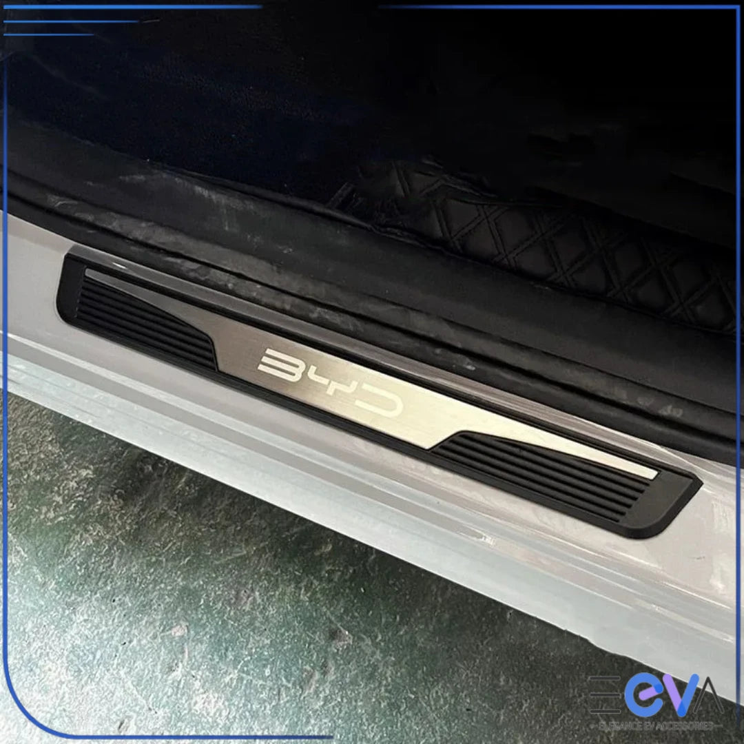 BYD silver stainless steel door sill plate installed on vehicle entry step for scratch protection and premium look from EEVA Store Australia.